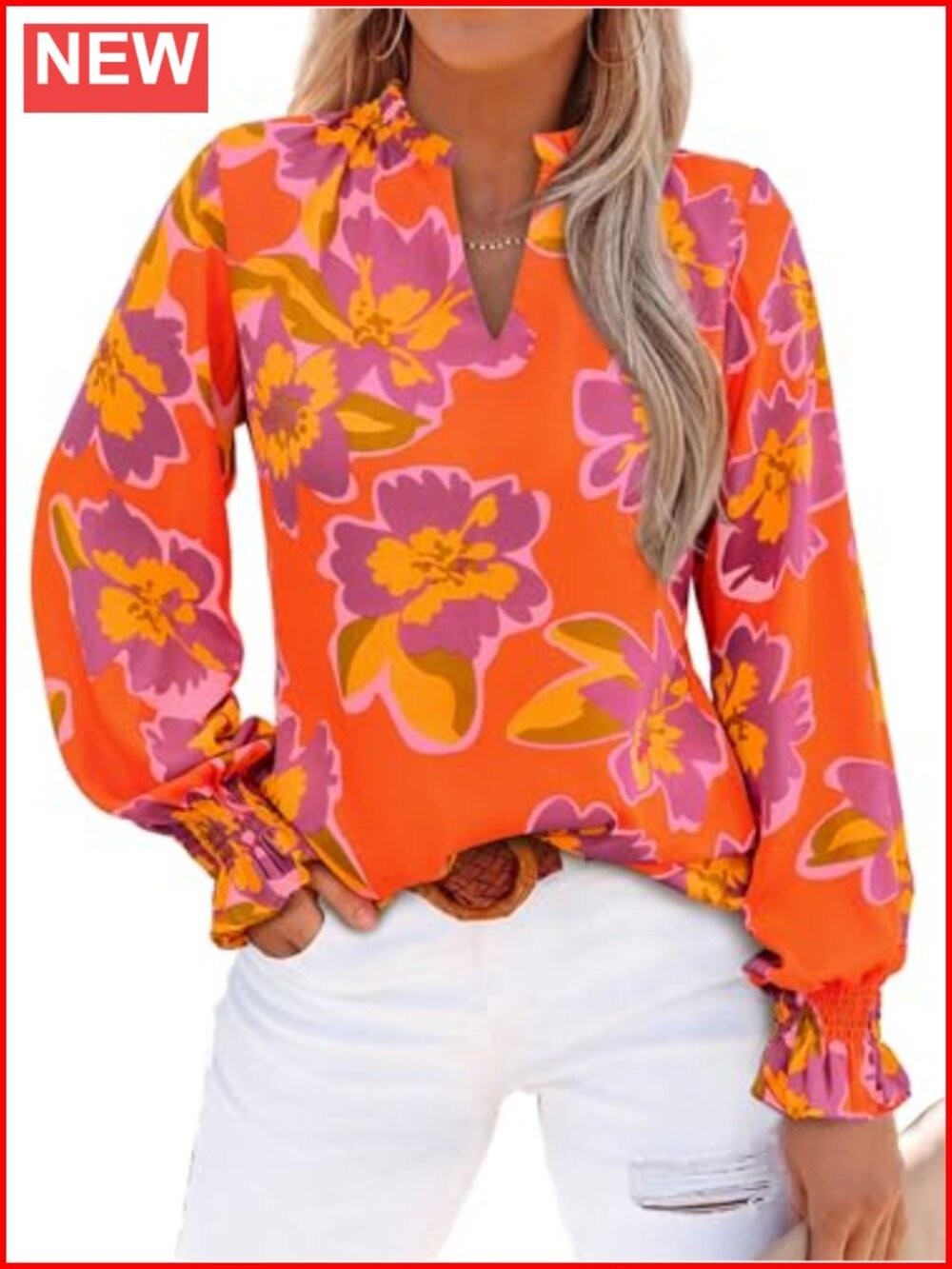 Womens Boho Floral Chiffon Blouse L/S V-Neck Puff Sleeve Work Top